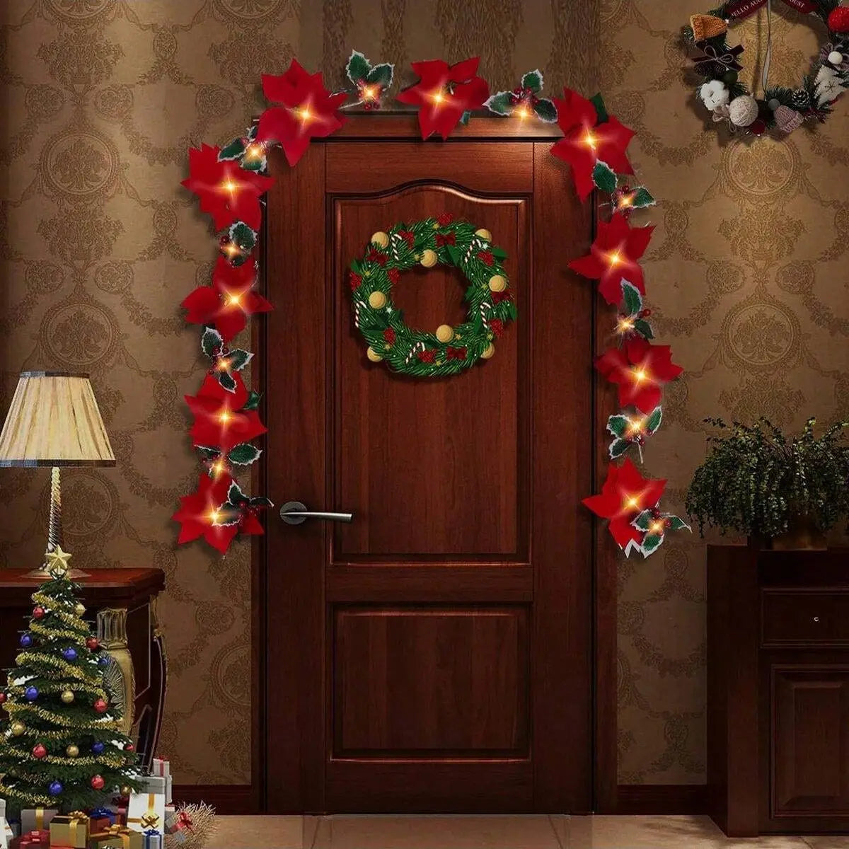 1pc Red Poinsettia Floral String Lights Durable Plastic Holiday Lights Battery Powered Garland For Home Indoor Outdoor Decor