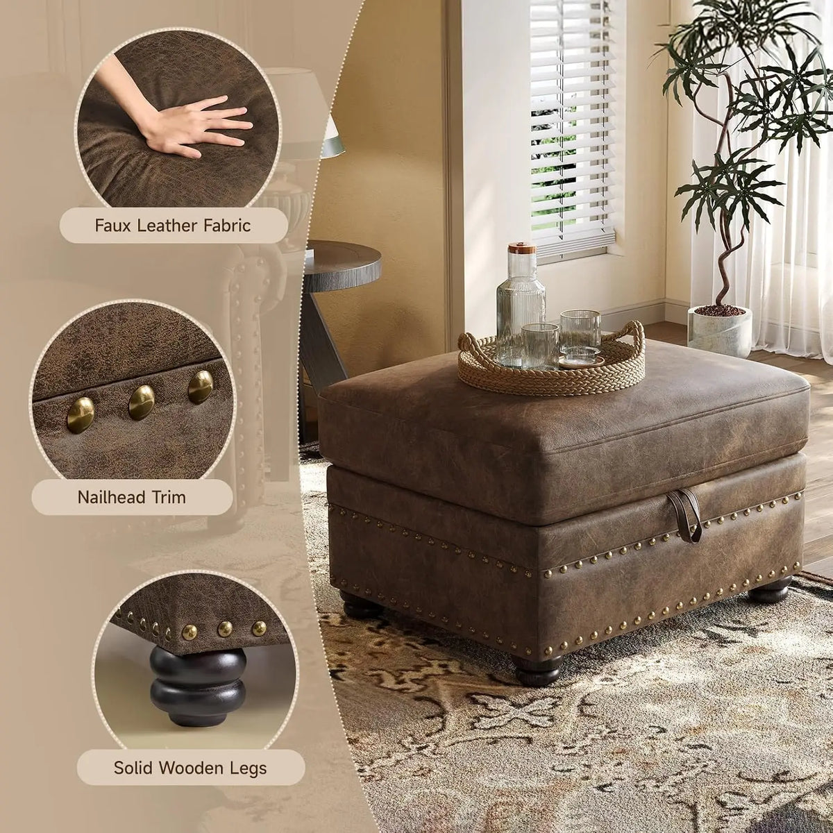 ONBRILL 1-Piece Brown Faux Leather Storage Ottoman, Rectangular Lift-Top Footstool with Nailhead Trim, Hidden Storage Compartment, Solid Wood Legs, 300-Lb Capacity for Living Room Bedroom Entryway