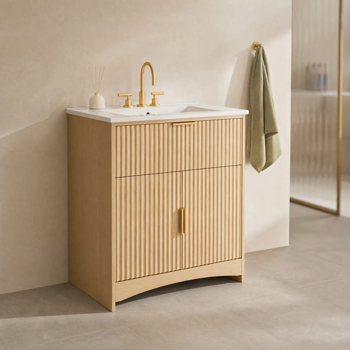 30 Inch Fluted Bathroom Vanity with Ceramic Sink, U‑Shaped Drawer & Adjustable U‑Shaped Shelf, CARB‑Certified Bathroom Storage Cabinet