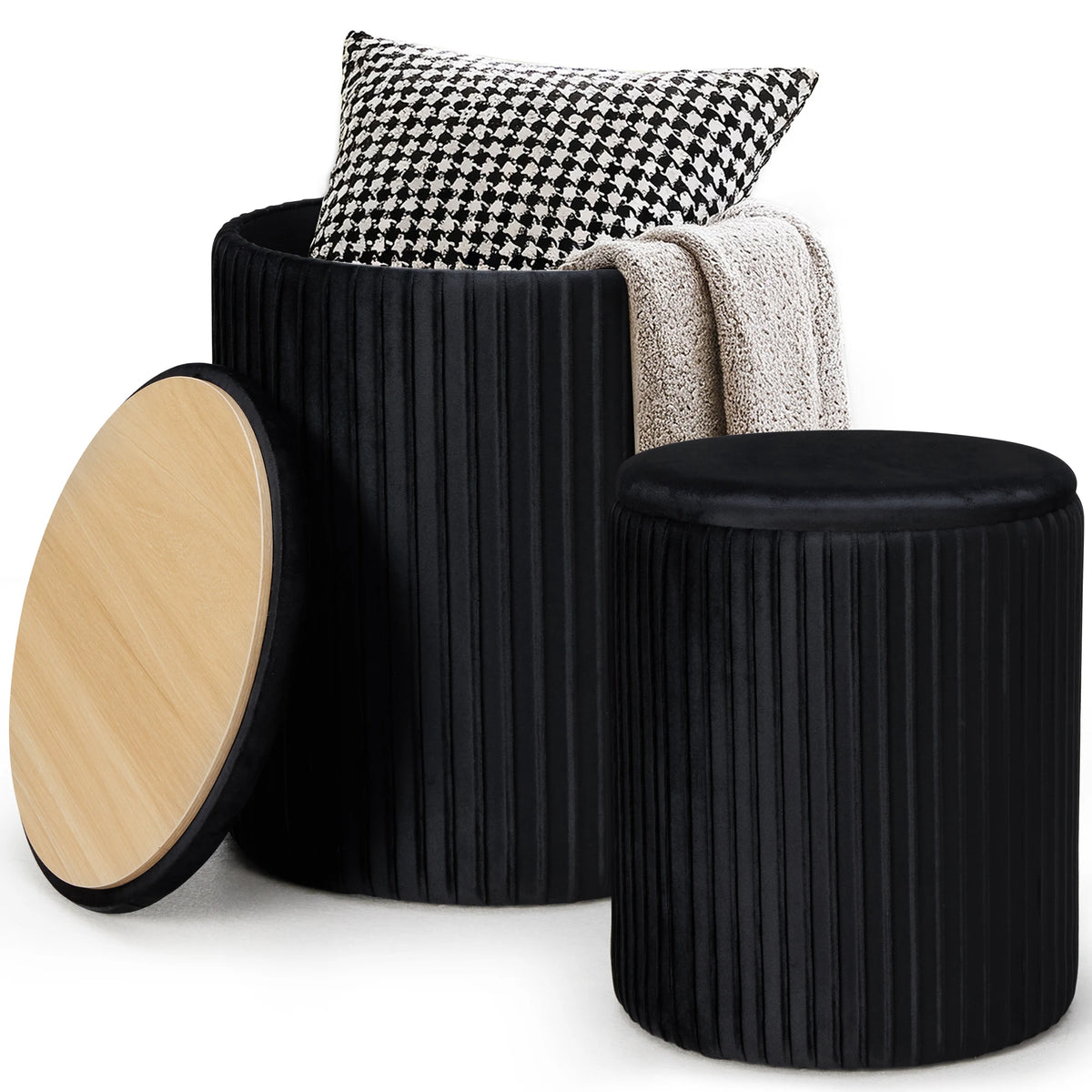 JHK Living Room Round Ottoman with Storage Set of 2 Hidden Footstool Toy Box Bedroom Bench Strong Load-bearing Capacity Stool