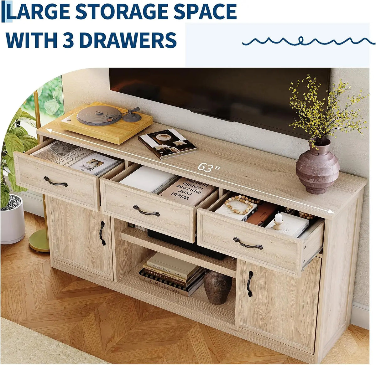 TV Stand For 65 Inch TV Farmhouse Television Cabinet With 3 Drawers 2 Doors Adjustable Shelves Storage And Open Shelves Wooden TV Console Media Cabinet