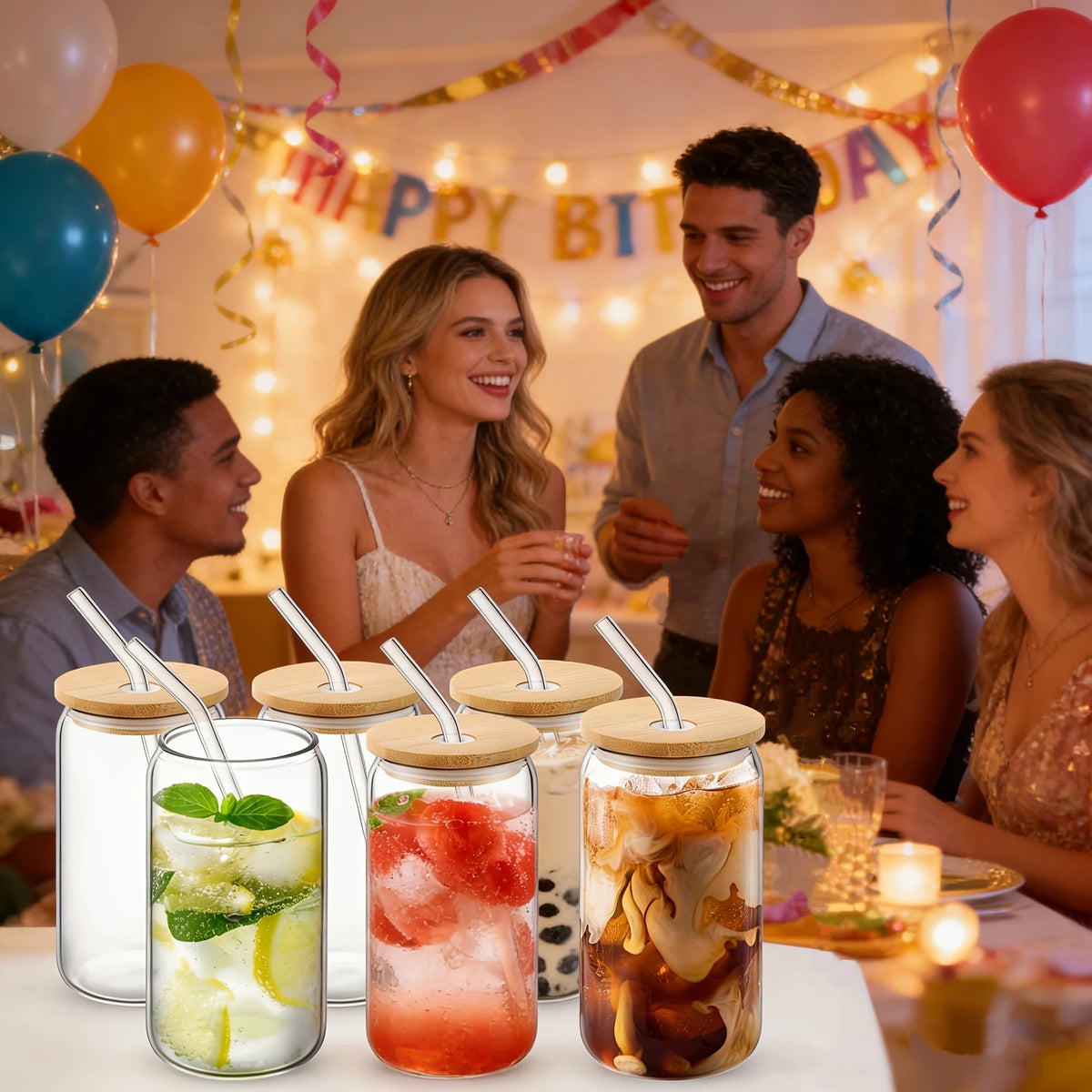 Tyrixma Drinking Glasses with Glass Straw 8pcs Set - 16oz Highball Glass Cups, Beer Glasses, Iced Coffee Glasses, Cute Tumbler Cup, Ideal for Whiskey, Soda, Tea, Water, Gift, 2 Brushes.