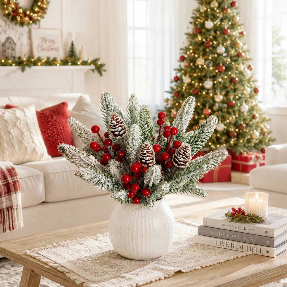20PC Christmas Artificial Cedar Branches Red Berry Stems Pine Cone Picks Snowy Winter Greenery for Vase Wreath Garland DIY Decor