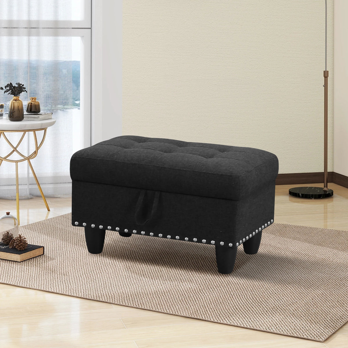 Modern Rectangular Storage Bench with Button Tufting & Nailhead Accents – Breathable Linen Fabric Ottoman with Lift-Top Hidden Space, Solid Wood Base, 500 lb Weight Limit – Ideal for Entryway & Living Room