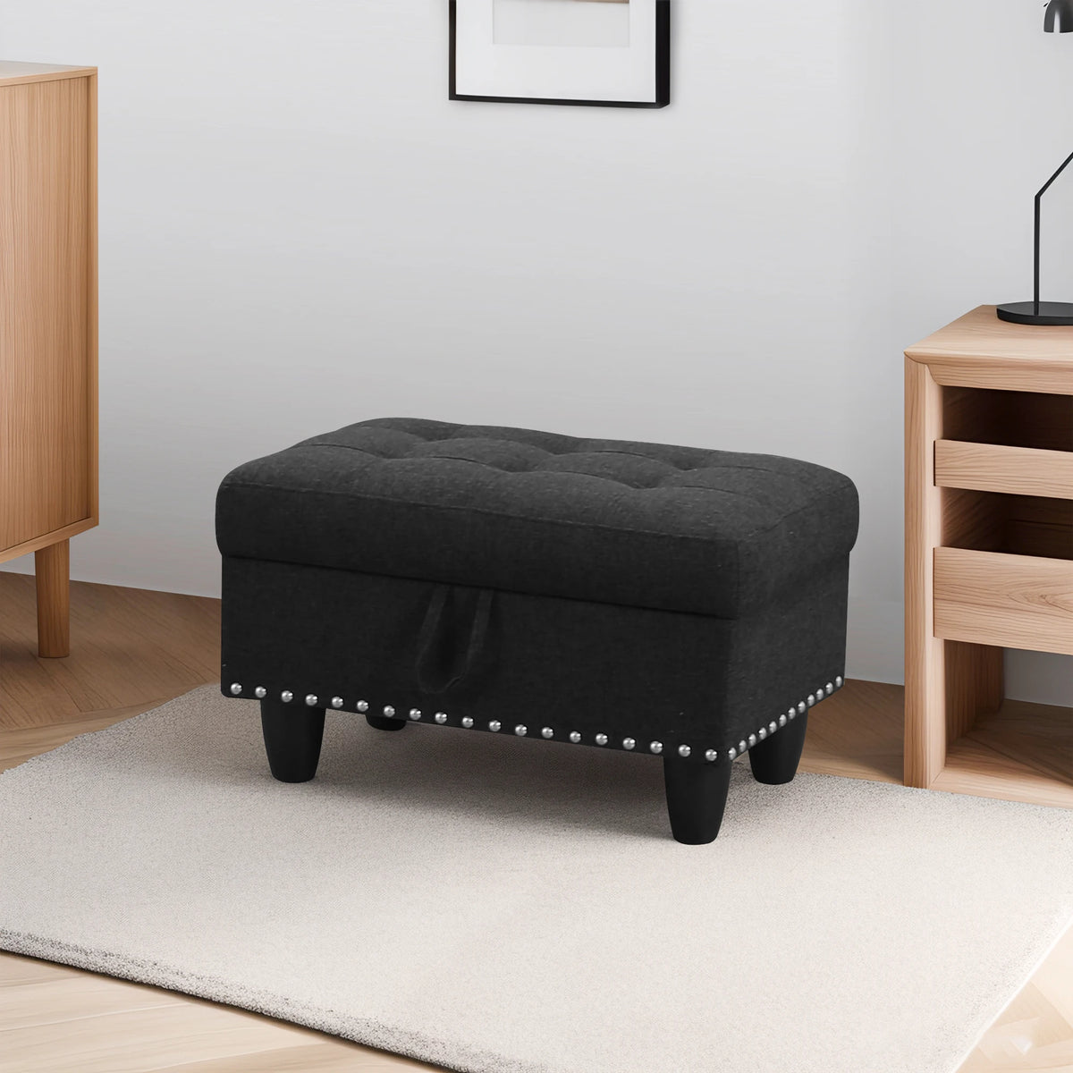 Modern Rectangular Storage Bench with Button Tufting & Nailhead Accents – Breathable Linen Fabric Ottoman with Lift-Top Hidden Space, Solid Wood Base, 500 lb Weight Limit – Ideal for Entryway & Living Room