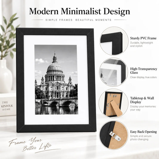 Modern Black Picture Frame – Minimalist PVC Photo Frame with High-Transparency Glass – Wall Mount or Tabletop Display for Home Decor, Office & Gallery (Multiple Sizes)