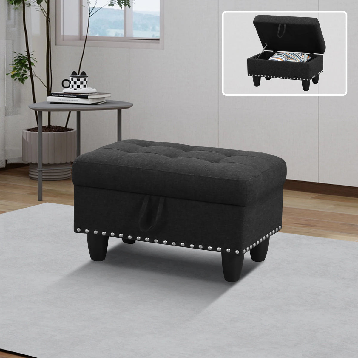 Modern Rectangular Storage Bench with Button Tufting & Nailhead Accents – Breathable Linen Fabric Ottoman with Lift-Top Hidden Space, Solid Wood Base, 500 lb Weight Limit – Ideal for Entryway & Living Room