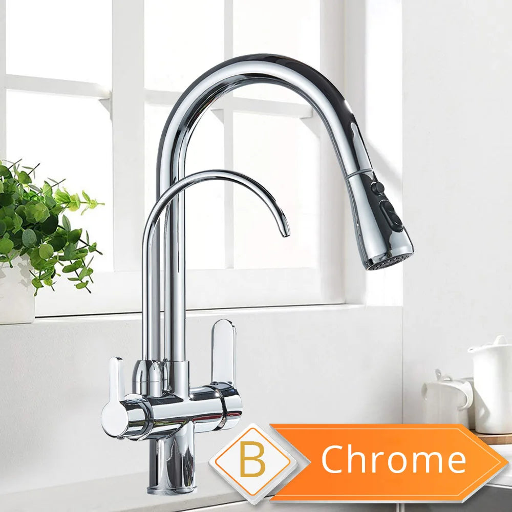 Black and Golden Filtered Crane For Kitchen Pull Out Sprayer  drinking water Three Ways Water Filter Tap Kitchen Faucet hot cold