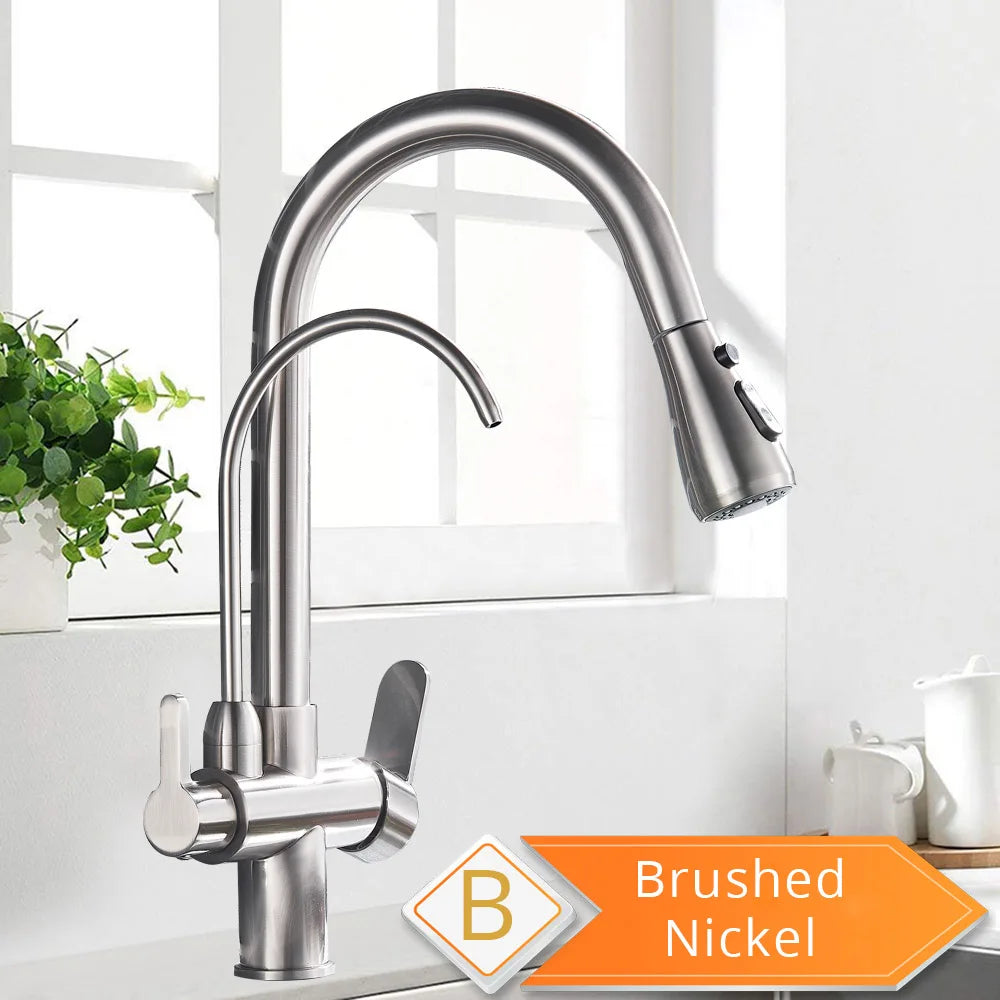Black and Golden Filtered Crane For Kitchen Pull Out Sprayer  drinking water Three Ways Water Filter Tap Kitchen Faucet hot cold