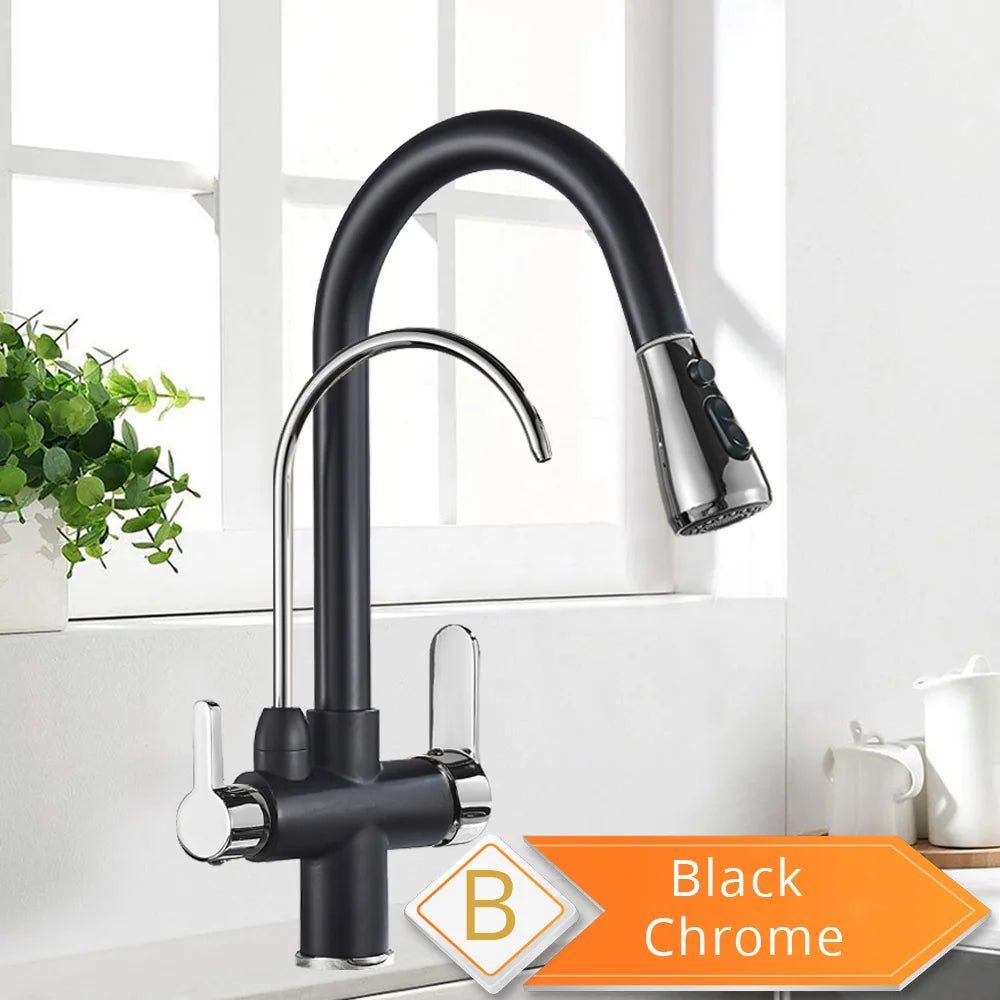 Black and Golden Filtered Crane For Kitchen Pull Out Sprayer  drinking water Three Ways Water Filter Tap Kitchen Faucet hot cold