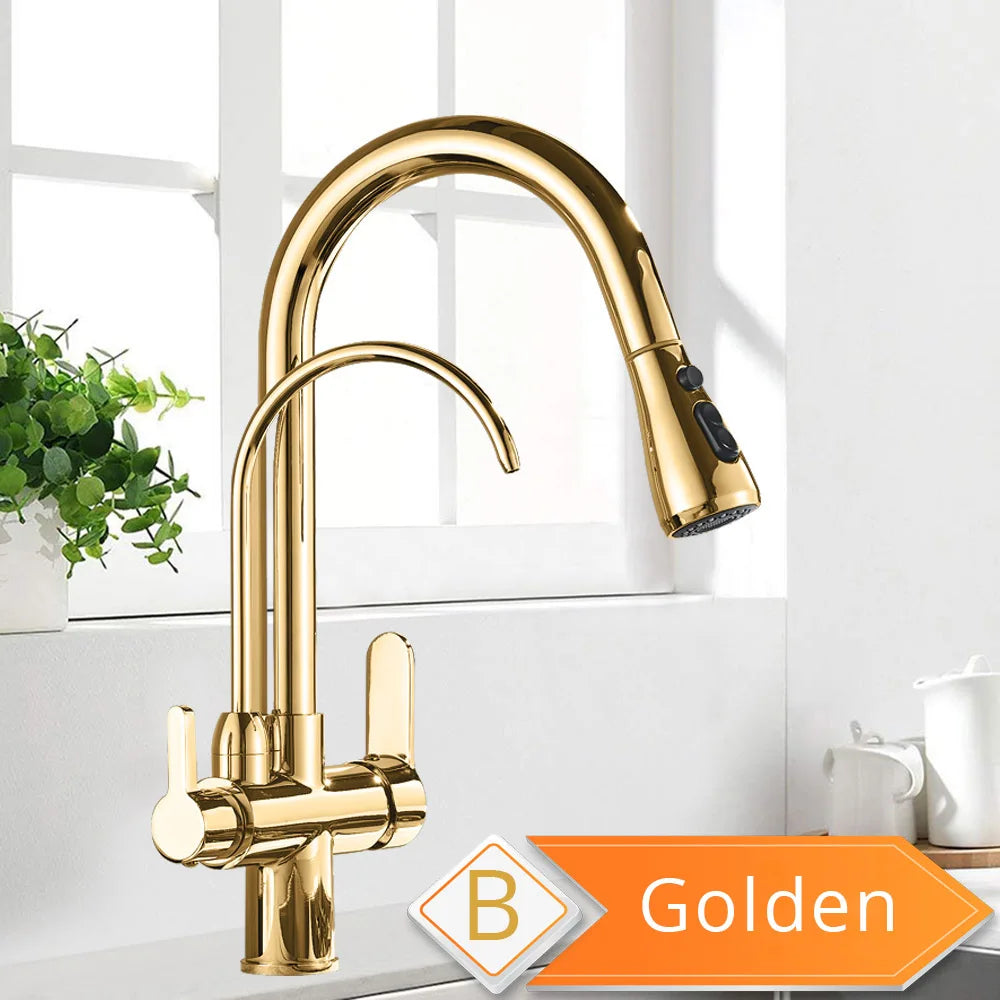 Black and Golden Filtered Crane For Kitchen Pull Out Sprayer  drinking water Three Ways Water Filter Tap Kitchen Faucet hot cold