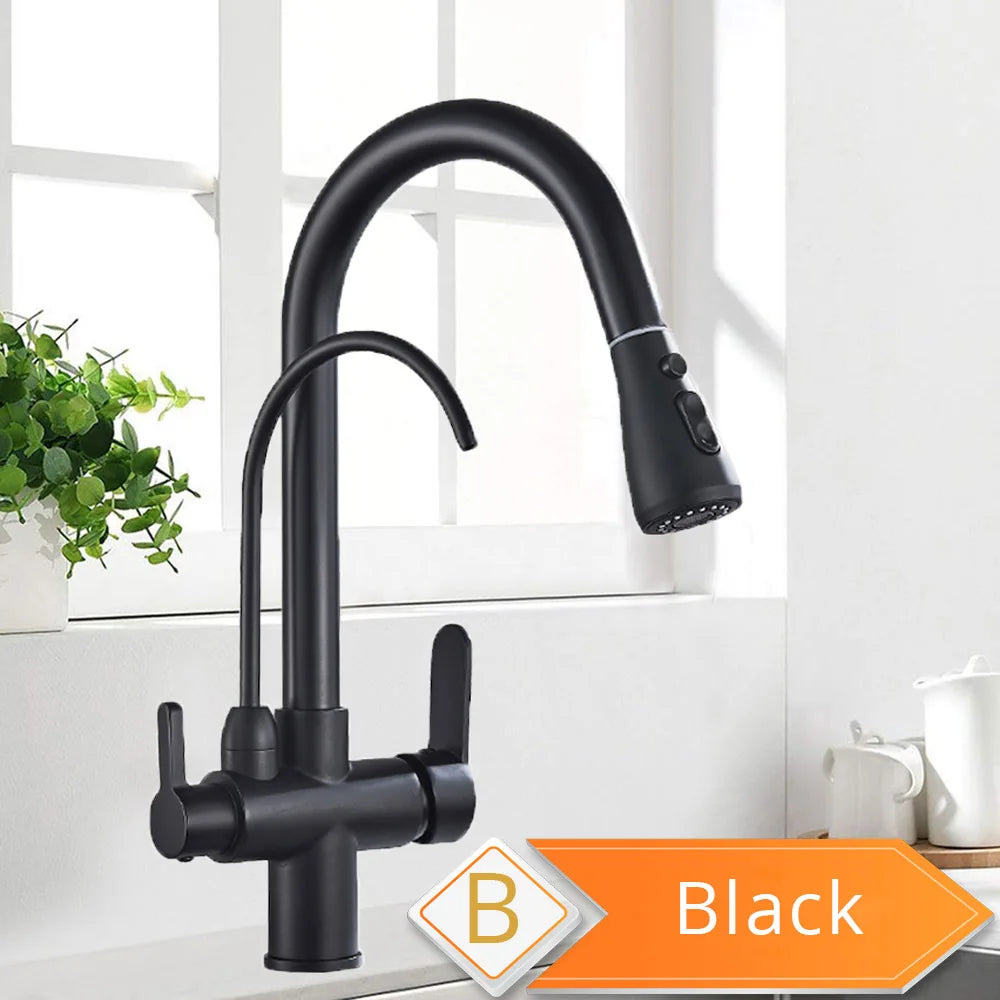 Black and Golden Filtered Crane For Kitchen Pull Out Sprayer  drinking water Three Ways Water Filter Tap Kitchen Faucet hot cold