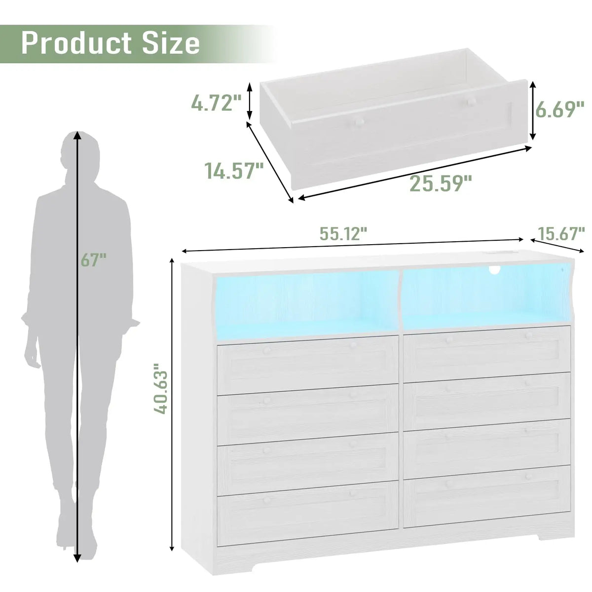 8 Drawer White Wood Dresser With LED Lights, Charging Station & Open Shelves, TV Stand For Bedroom, Living Room, Entryway