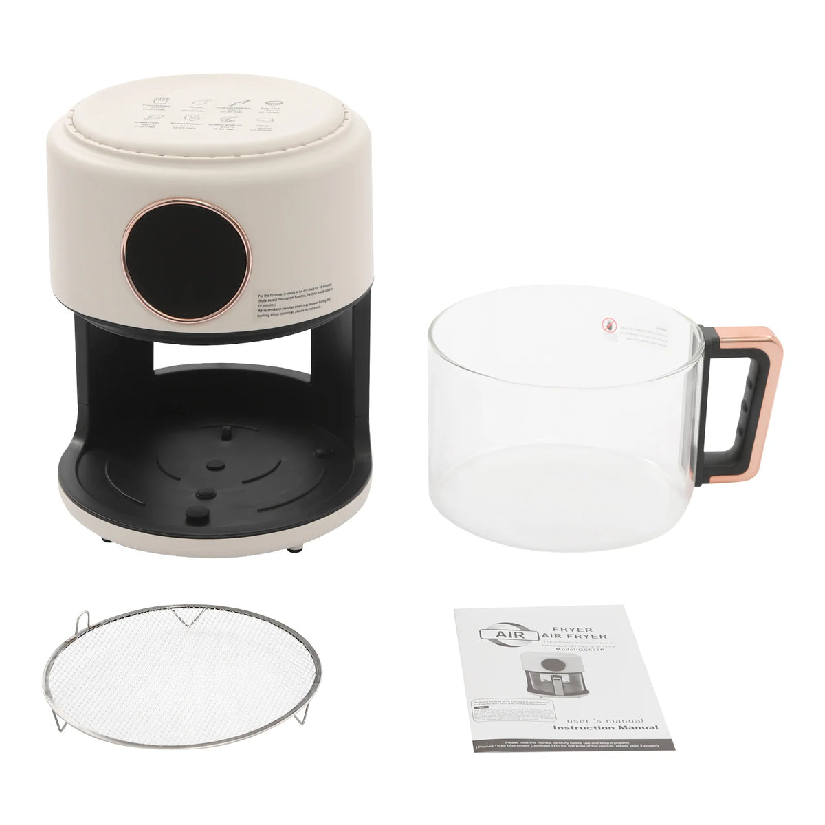 Air Fryer White LCD Display, 4.2L Capacity, 1200W High Power, Borosilicate Glass Chamber, 8 Cooking Programs, US 110V Kitchen Appliance