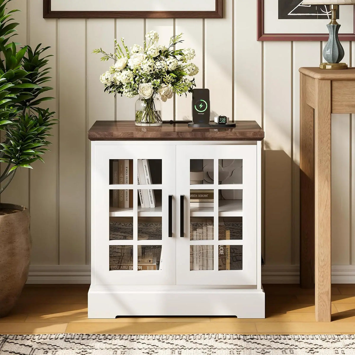 Garvee Farmhouse End Table with Charging Station 24Inch Large Sofa Side Table with Grid  Tempered Glass Doors  Nightstand with Adjustable Storage Shelf for Living Room, Bedroom