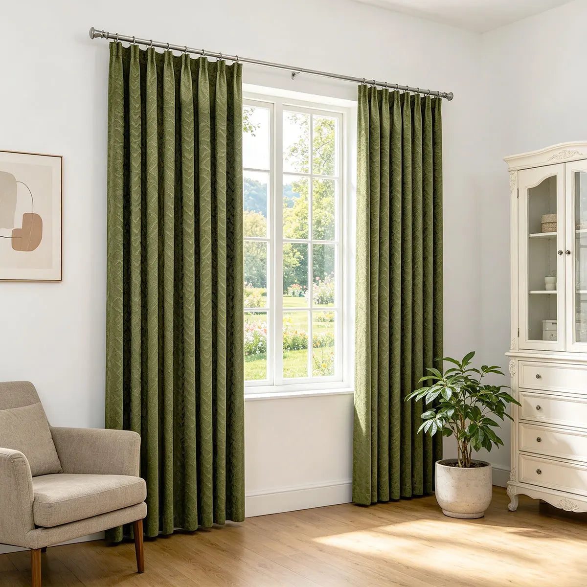 2 Panels Embossed Mountain Pattern Blackout Curtains, Olive Green Suede Texture Thermal Insulated Noise Reducing Window Drapes for Bedroom Living Room Home Decor