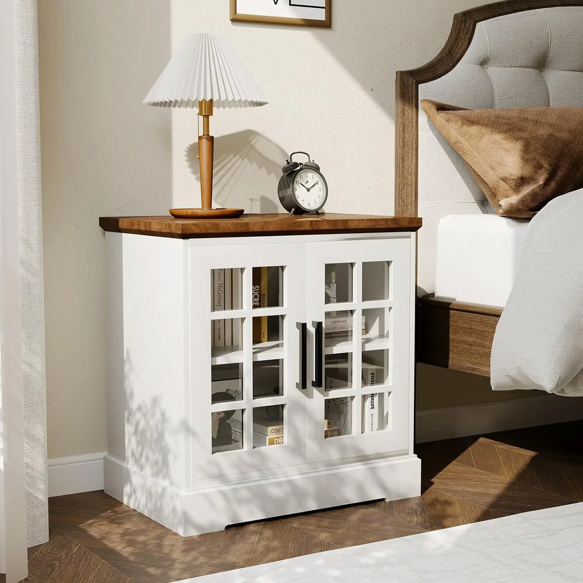 Garvee Farmhouse End Table with Charging Station 24Inch Large Sofa Side Table with Grid  Tempered Glass Doors  Nightstand with Adjustable Storage Shelf for Living Room, Bedroom