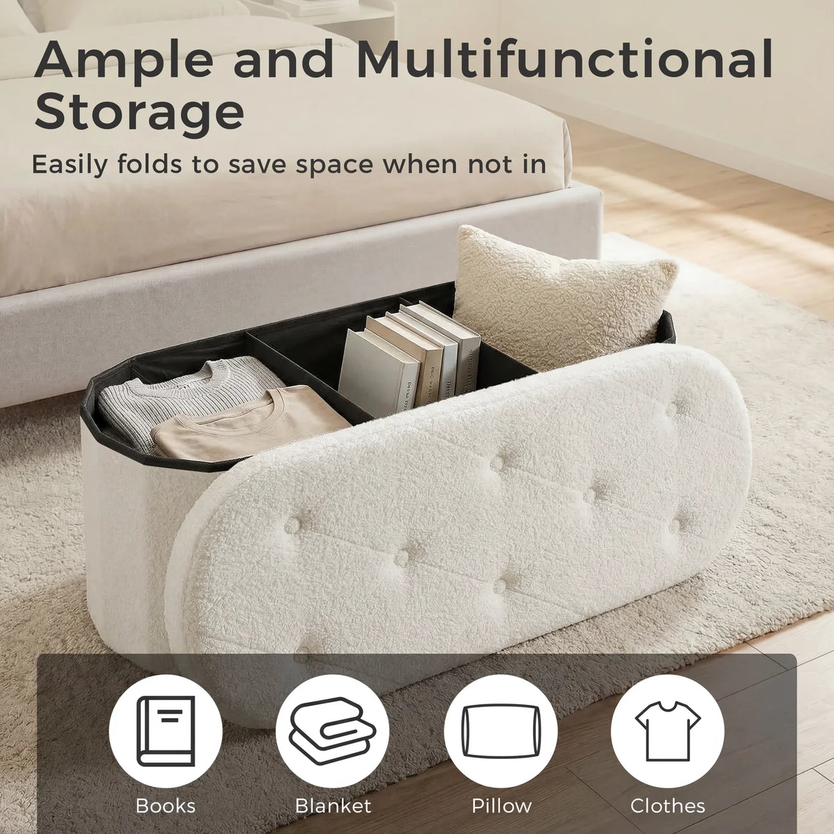 MCQ 30IN to 43IN Faux Fur Ottoman Foot Rest Stool with Storage Makeup Cute Soft Small Footstool Oval Round Folding Storage Chest for Bedroom