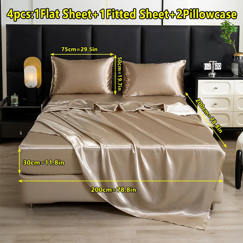 【Mother's Day Gift】4-Piece Set of Solid Color Satin Bed Sheet Set (1 Flat Sheet + 1 Fitted Sheet + 2 Pillowcases), Luxurious and Soft, with a Natural Luster, Skin-Friendly and Breathable Bedding