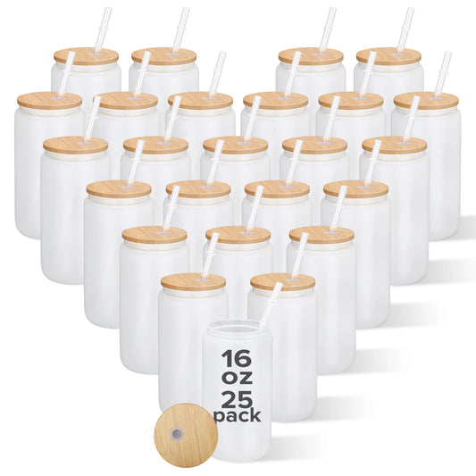 USA Warehouse 25 Pack 16oz Frosted Sublimation Glass Blanks Cans Glass Tumbler With Bamboo Lid and Straw Glass Drinkware