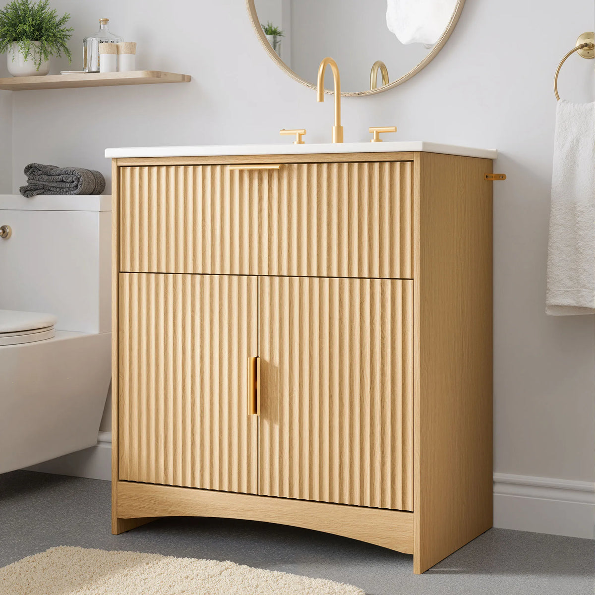 30 Inch Fluted Bathroom Vanity with Ceramic Sink, U‑Shaped Drawer & Adjustable U‑Shaped Shelf, CARB‑Certified Bathroom Storage Cabinet