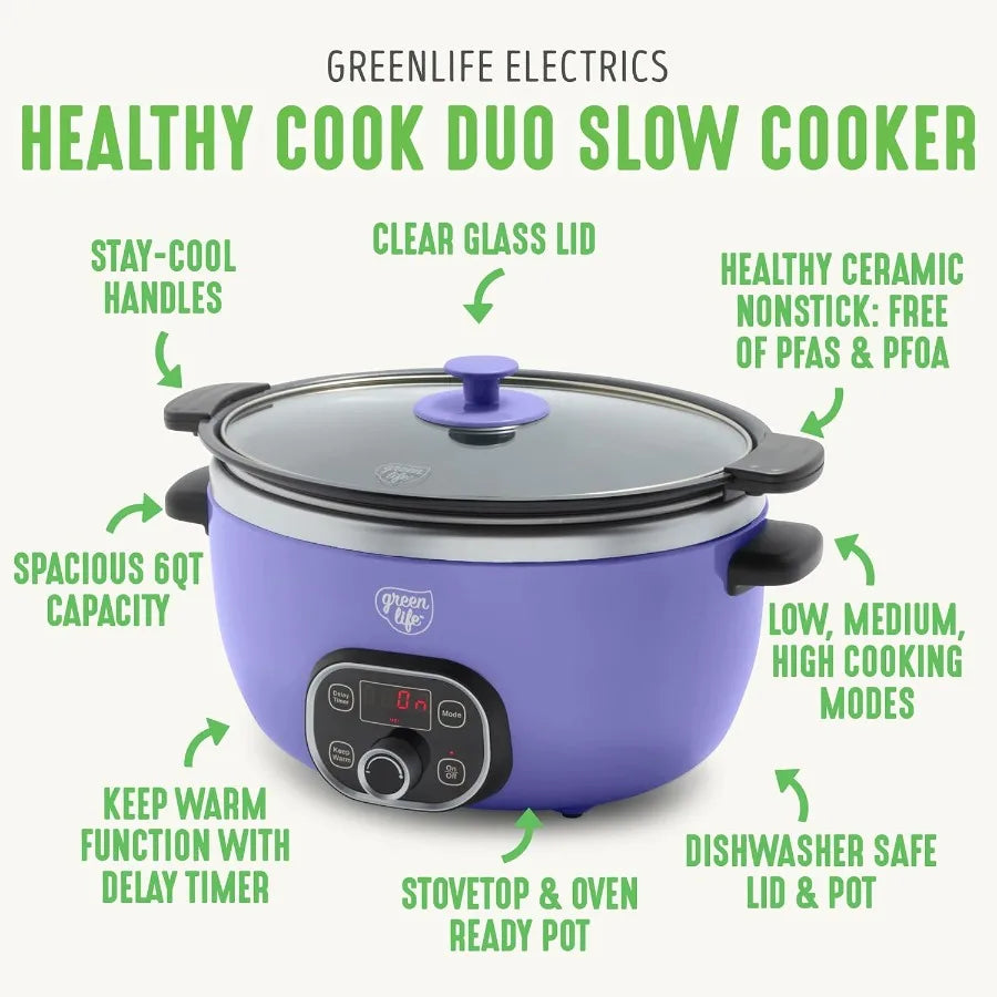 Soft Grip 16 Piece Healthy Ceramic Nonstick Cookware Set Pots and Pans Set 6Quart Slow Cooker PFAS and PFOAFree Dishwasher Safe