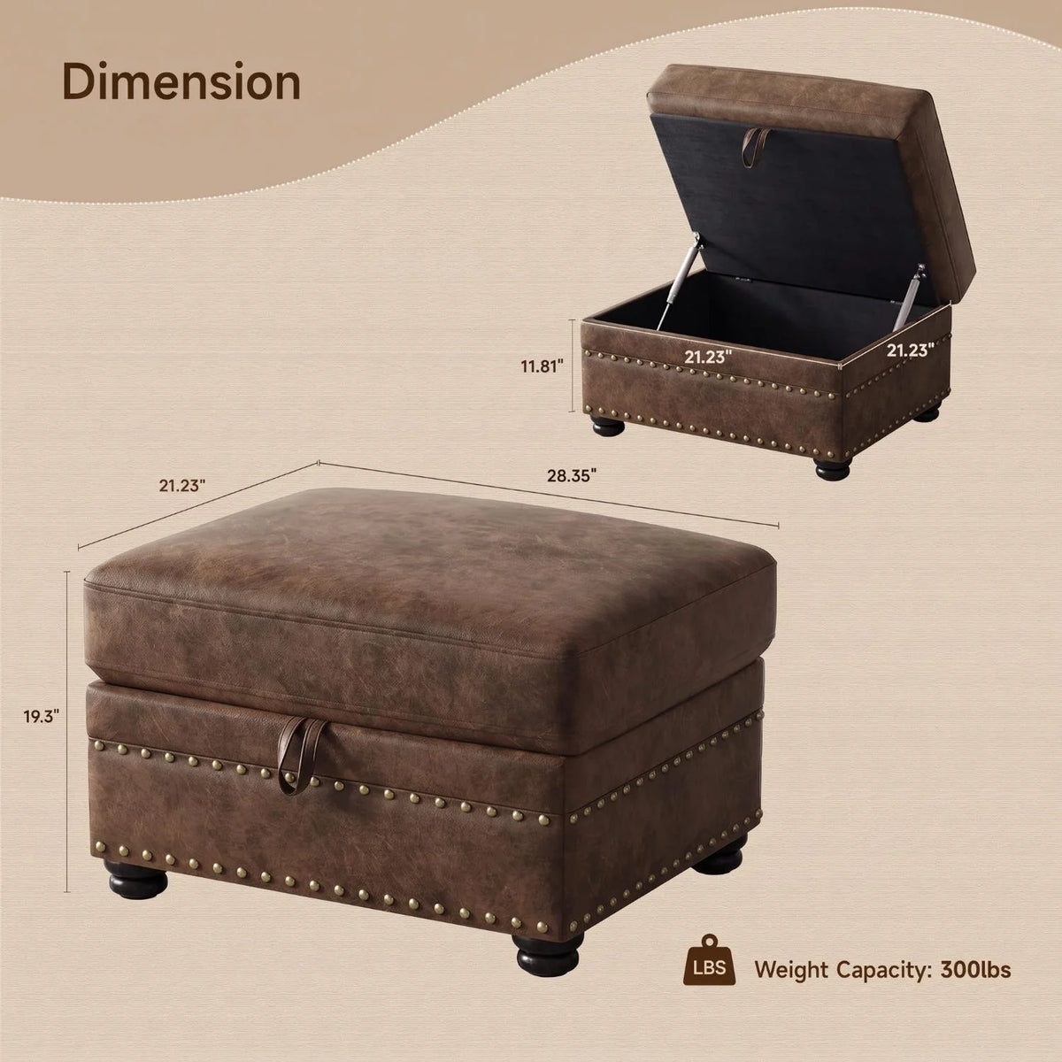 ONBRILL 1-Piece Brown Faux Leather Storage Ottoman, Rectangular Lift-Top Footstool with Nailhead Trim, Hidden Storage Compartment, Solid Wood Legs, 300-Lb Capacity for Living Room Bedroom Entryway