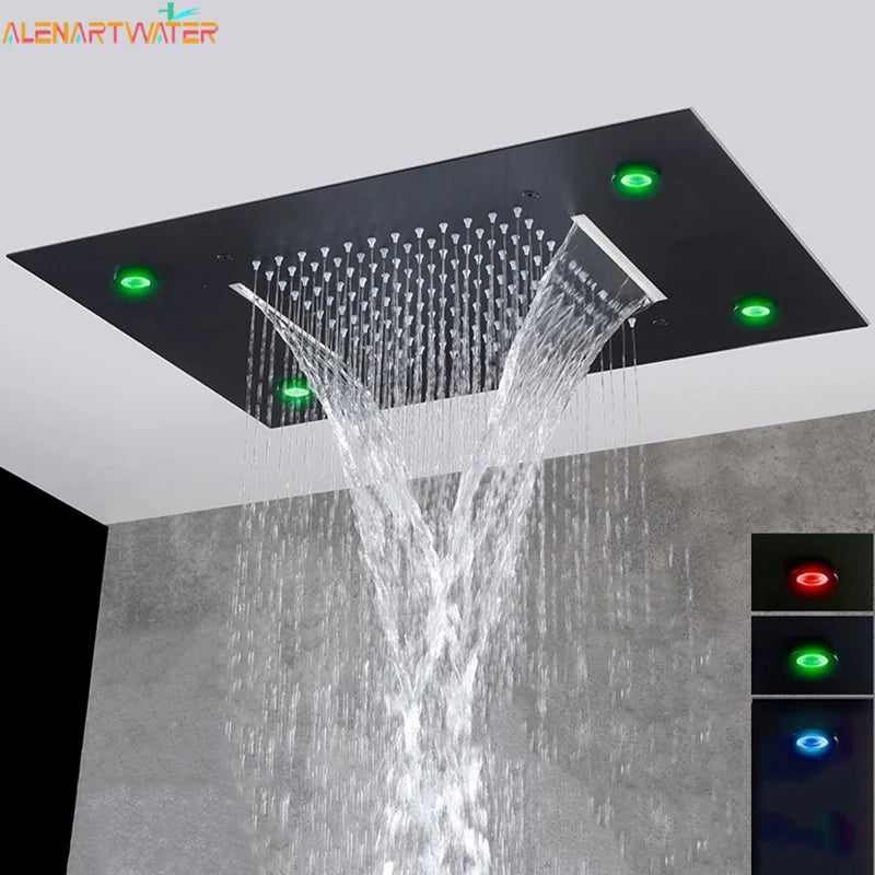 Luxury Waterfall Rains LED Light Shower Head 49*35cm Built-in Ceiling Shower Colorful Bathroom Showers