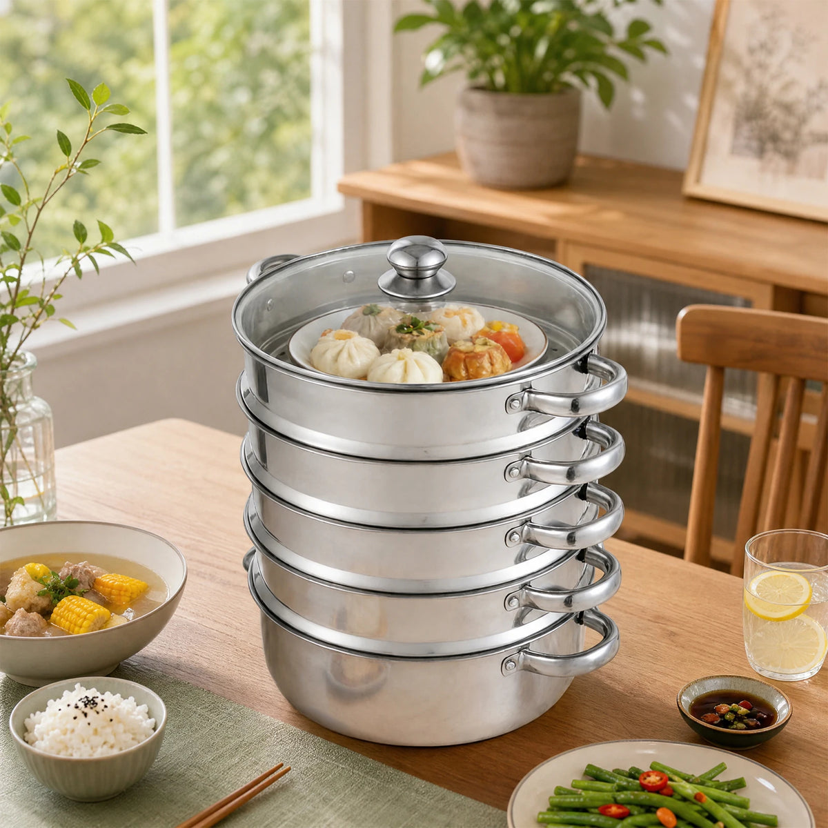 5-Tier Stainless Steel Steamer Multifunctional Steamer, 30cm High-Quality Steamer for Domestic or Commercial for Healthy Cooking