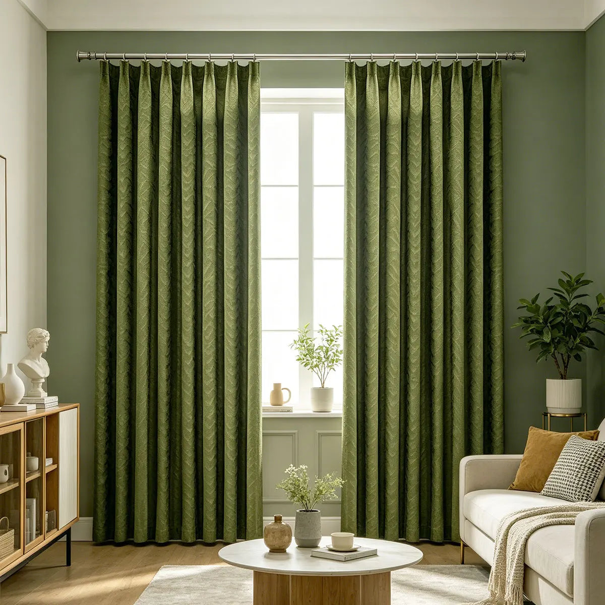 2 Panels Embossed Mountain Pattern Blackout Curtains, Olive Green Suede Texture Thermal Insulated Noise Reducing Window Drapes for Bedroom Living Room Home Decor