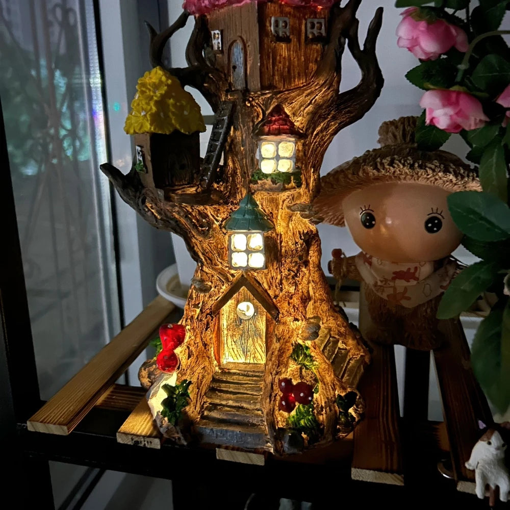 Mysterious Tree House Solar Garden Statues Balcony Outdoor Decor Courtyard Garden Decoration Landscape Night Light Ornament