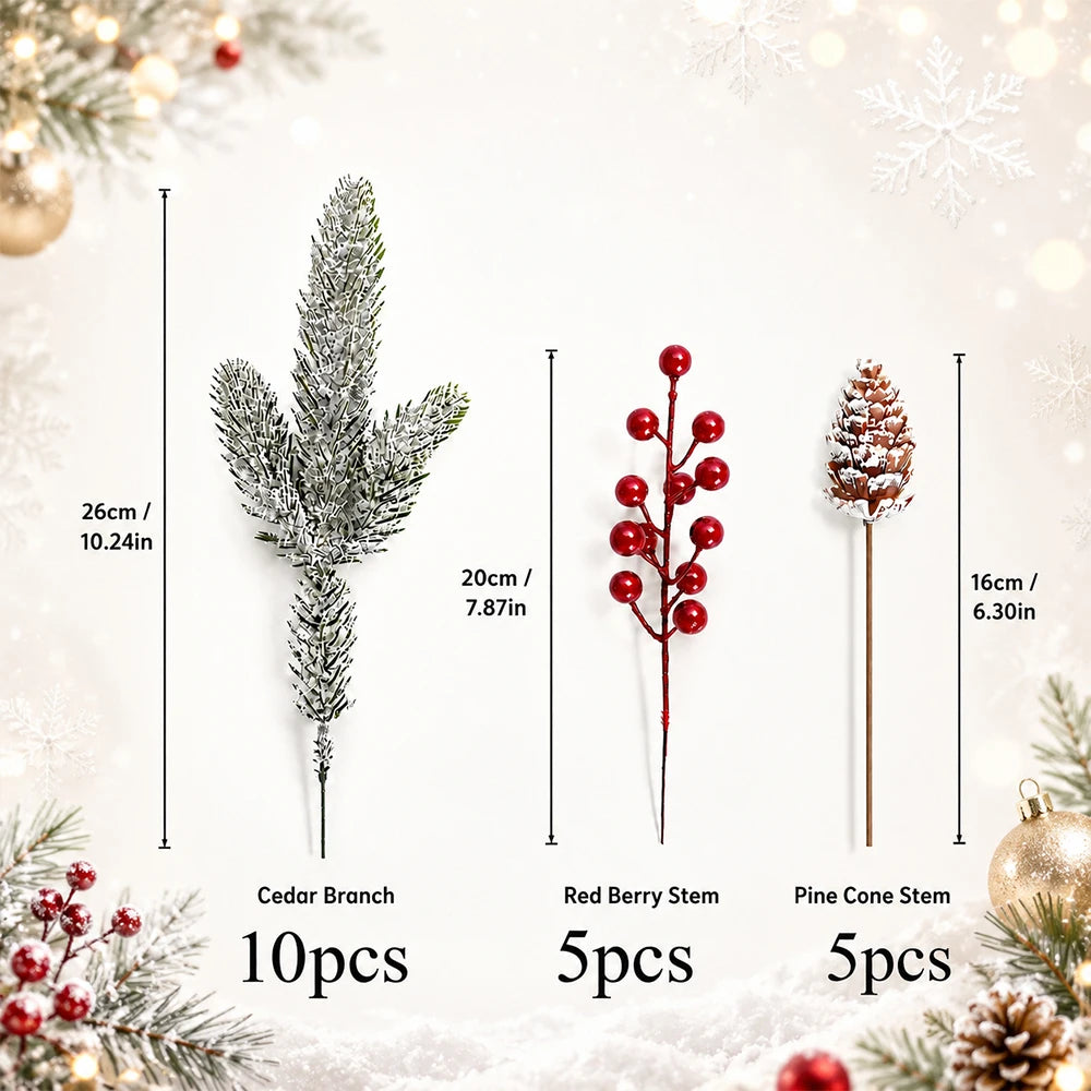 20PC Christmas Artificial Cedar Branches Red Berry Stems Pine Cone Picks Snowy Winter Greenery for Vase Wreath Garland DIY Decor