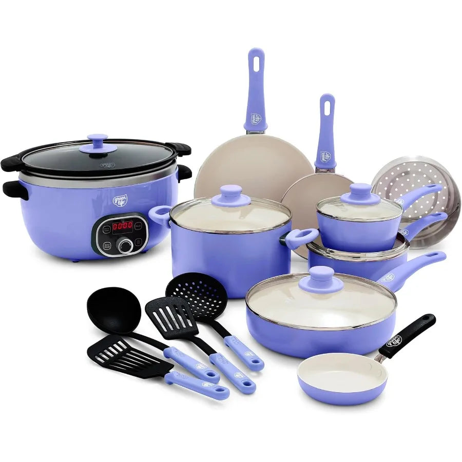 Soft Grip 16 Piece Healthy Ceramic Nonstick Cookware Set Pots and Pans Set 6Quart Slow Cooker PFAS and PFOAFree Dishwasher Safe