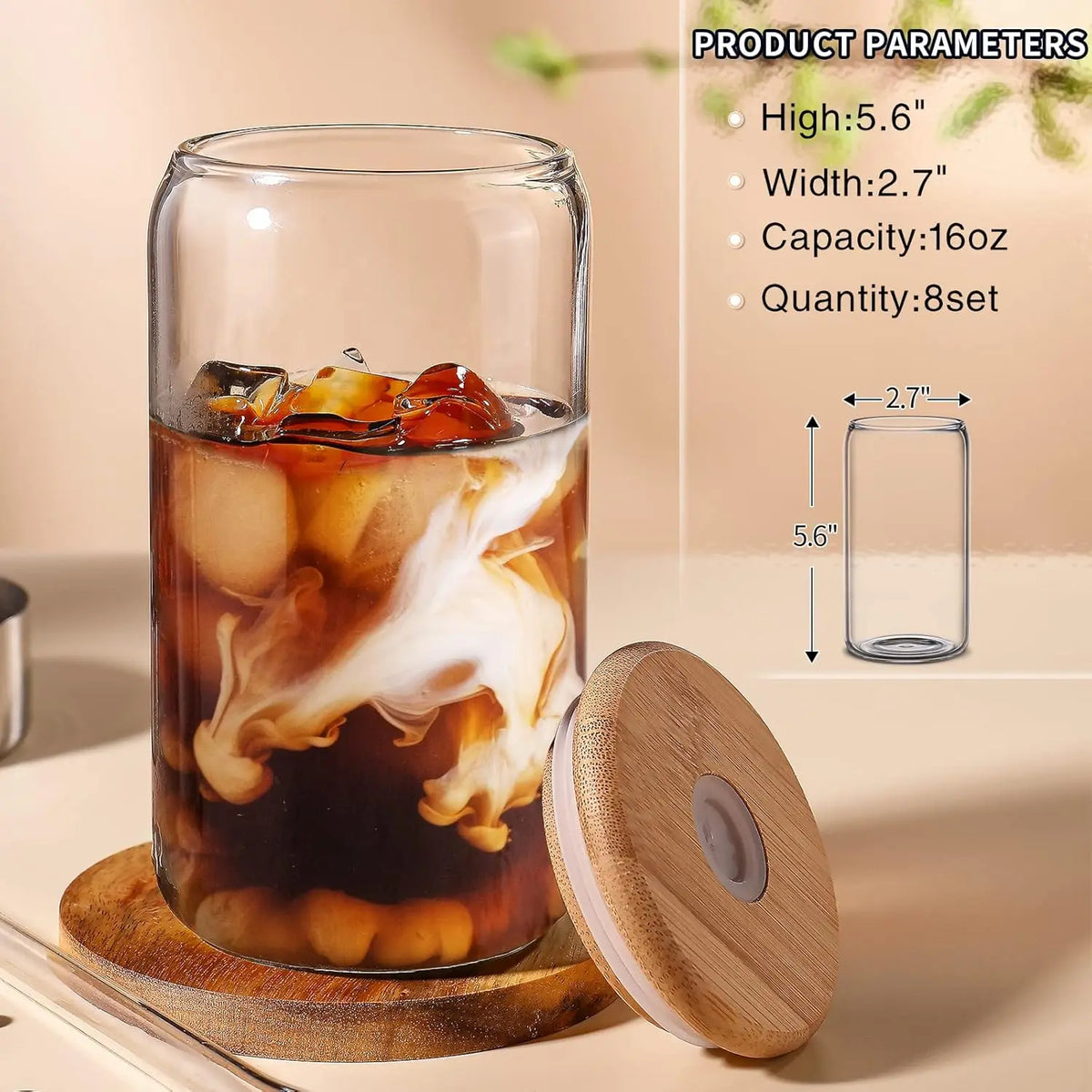 Tyrixma Drinking Glasses with Glass Straw 8pcs Set - 16oz Highball Glass Cups, Beer Glasses, Iced Coffee Glasses, Cute Tumbler Cup, Ideal for Whiskey, Soda, Tea, Water, Gift, 2 Brushes.