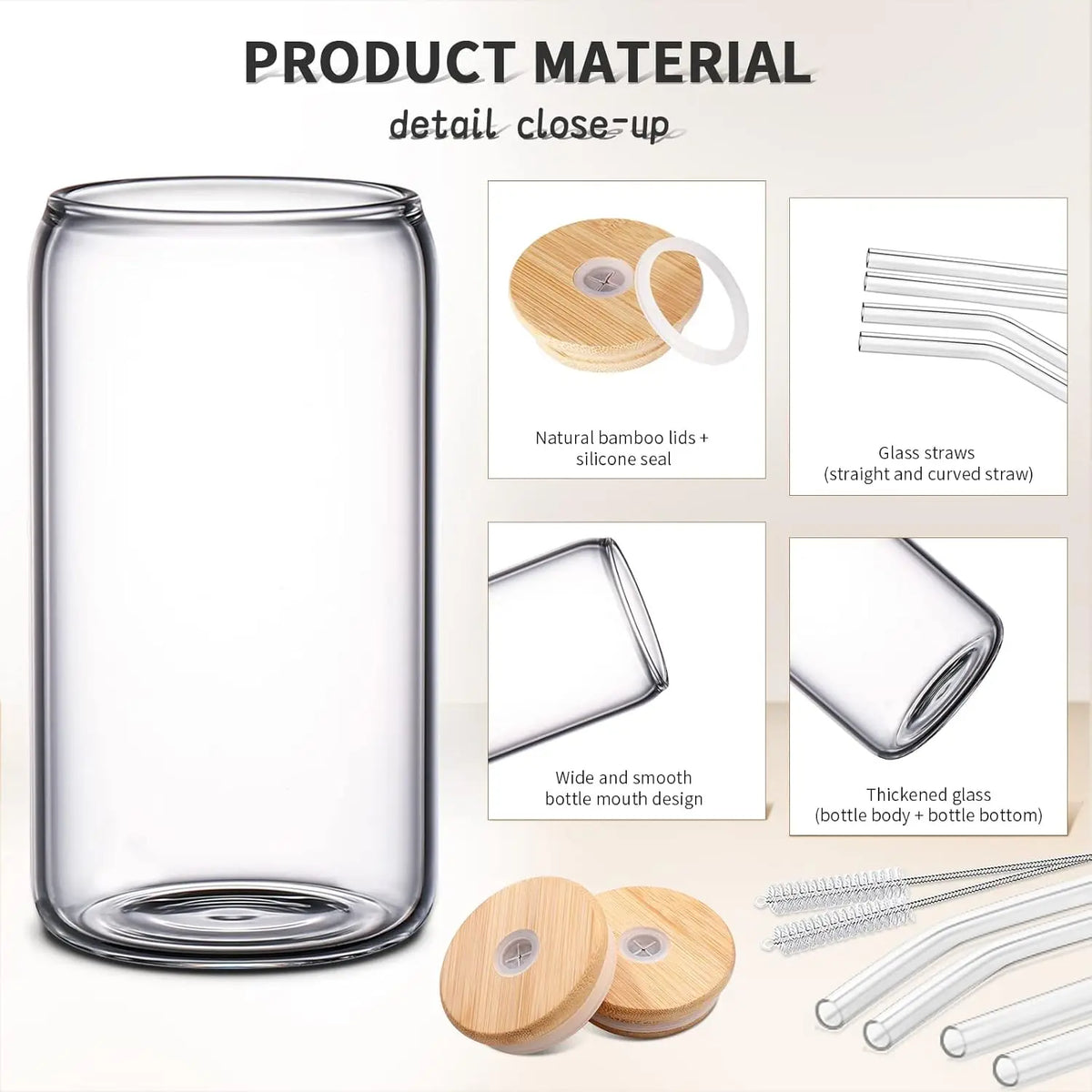 Tyrixma Drinking Glasses with Glass Straw 8pcs Set - 16oz Highball Glass Cups, Beer Glasses, Iced Coffee Glasses, Cute Tumbler Cup, Ideal for Whiskey, Soda, Tea, Water, Gift, 2 Brushes.
