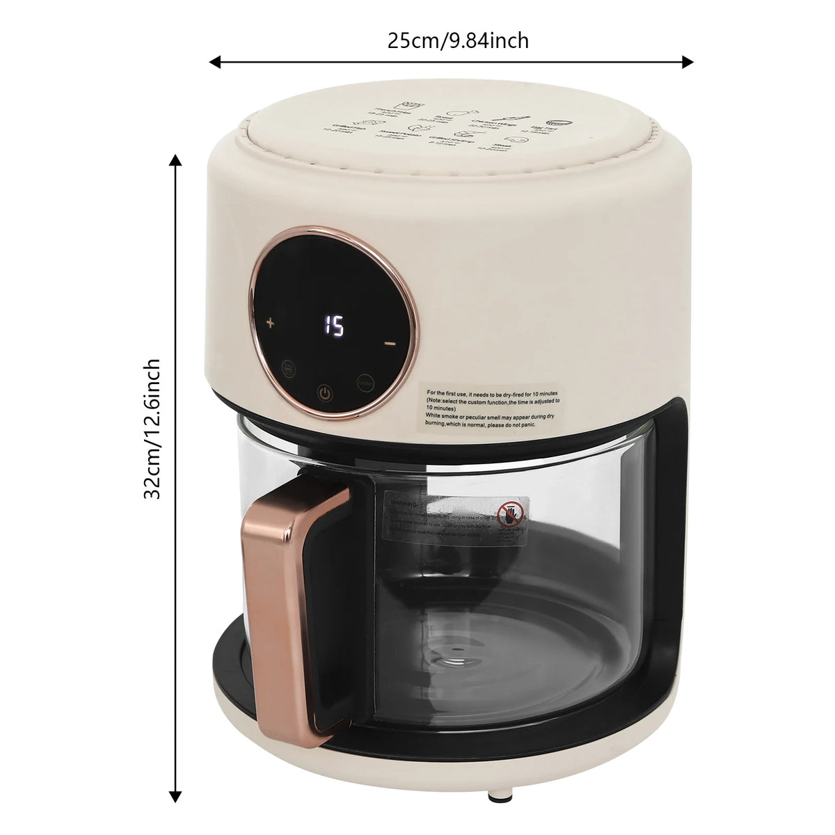 Air Fryer White LCD Display, 4.2L Capacity, 1200W High Power, Borosilicate Glass Chamber, 8 Cooking Programs, US 110V Kitchen Appliance