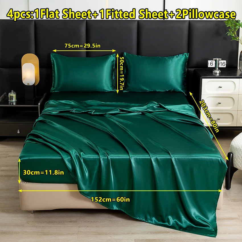 【Mother's Day Gift】4-Piece Set of Solid Color Satin Bed Sheet Set (1 Flat Sheet + 1 Fitted Sheet + 2 Pillowcases), Luxurious and Soft, with a Natural Luster, Skin-Friendly and Breathable Bedding