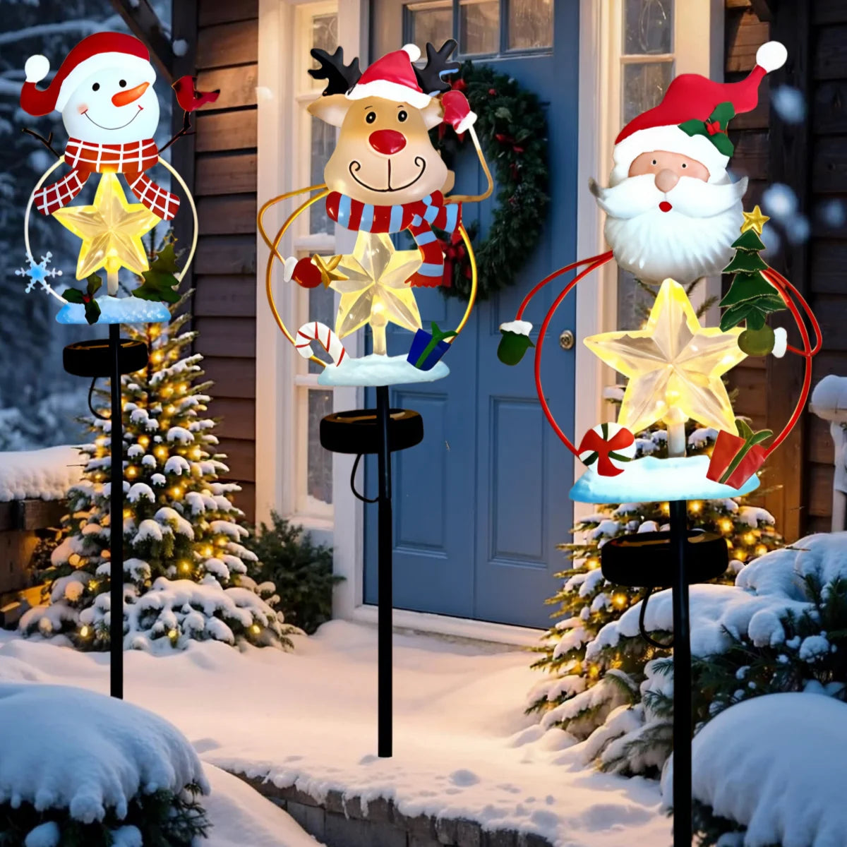 Christmas Stake Decor, Outdoor Garden Solar Light Metal Snowman/Santa Claus/Reindeer Yard Stakes with Lights, Outdoor Solar Christmas, Snowman, Deer, and Lawn Decoration Lights, Christmas Lights for Home Lawn Pathway Holiday