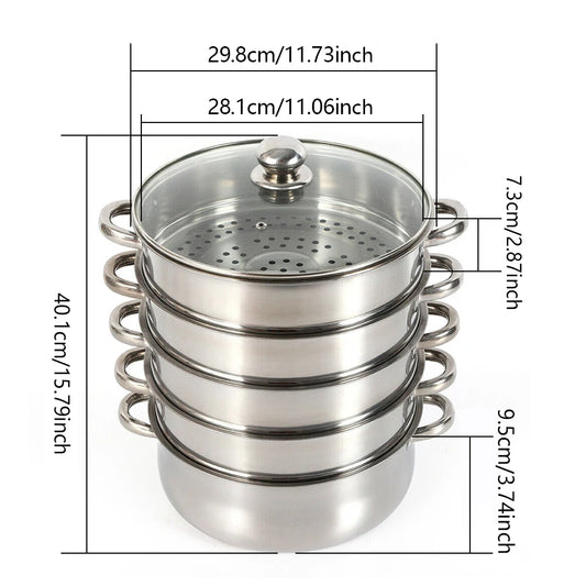 5-Tier Stainless Steel Steamer Multifunctional Steamer, 30cm High-Quality Steamer for Domestic or Commercial for Healthy Cooking