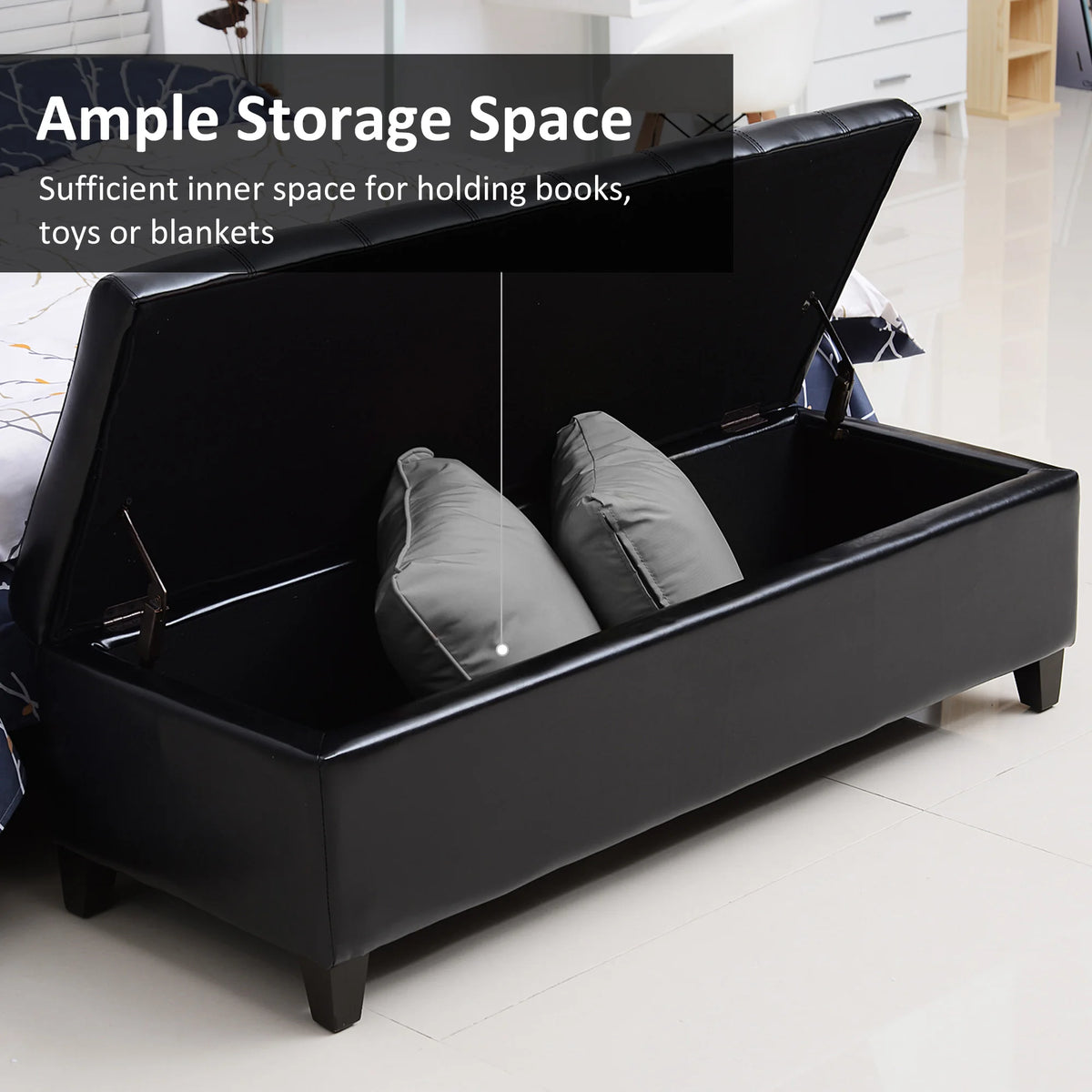 HOMCOM 51" Ottoman Storage Bench, Faux Leather Tufted Bench for End of Bed with Lift Top for Living Room, Entryway, Black