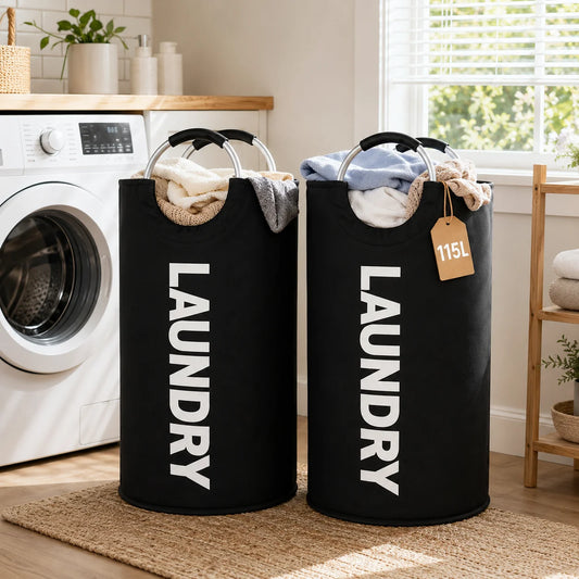 2 Pack 115L Extra Large Laundry Hamper, Foldable Laundry Basket with Soft Padded Handles, Freestanding Collapsible Laundry Bag for Clothes Storage, Bedroom, Bathroom, Dorm & Laundry Room