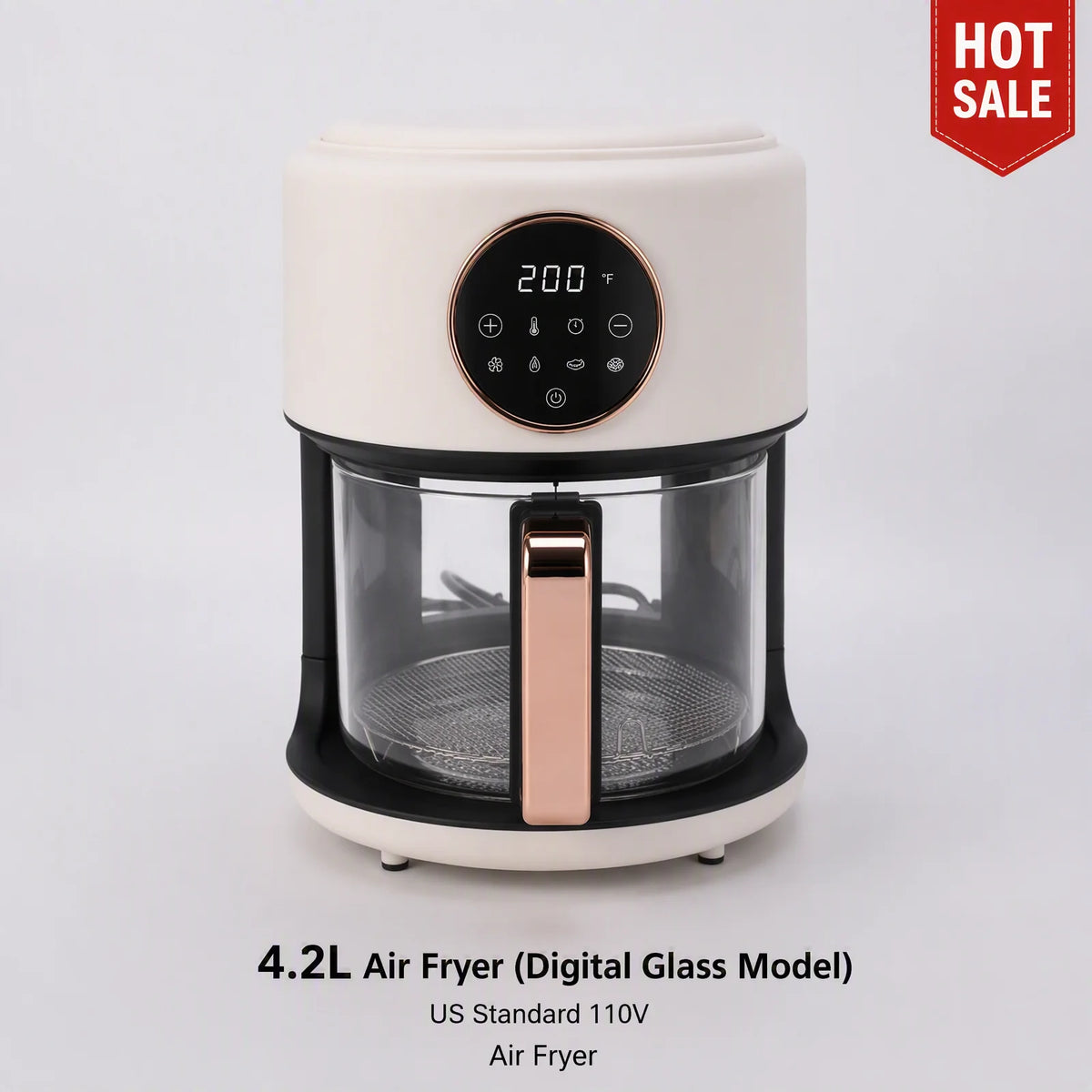 Air Fryer White LCD Display, 4.2L Capacity, 1200W High Power, Borosilicate Glass Chamber, 8 Cooking Programs, US 110V Kitchen Appliance