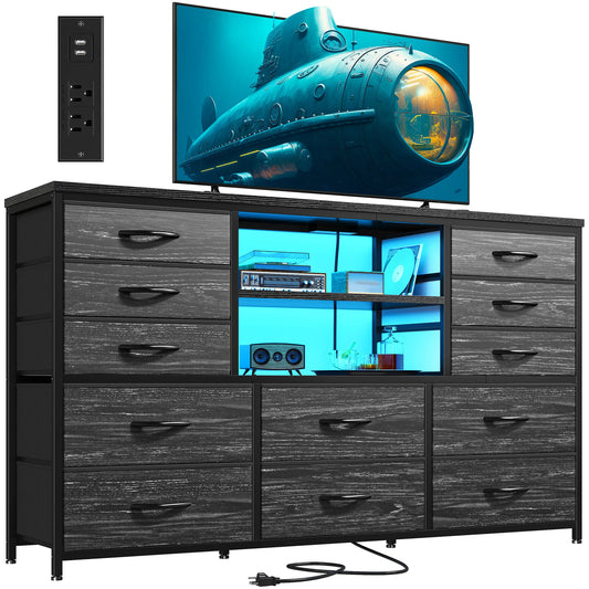 Dresser for Bedroom with LED Lights & Charging Station 12 Drawers TV Stand for 55-60 Inch TVs, Deep Fabric Storage Cabinet with 3 Wooden Shelves for Entertainment Center