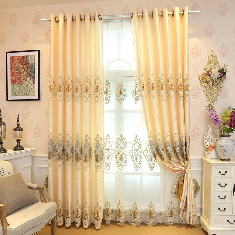 2 Panels Beige Embroidered Blackout Curtains, Vintage European Floral Jacquard Drapes, Grommet Top Privacy Thermal Window Curtains for Living Room Bedroom