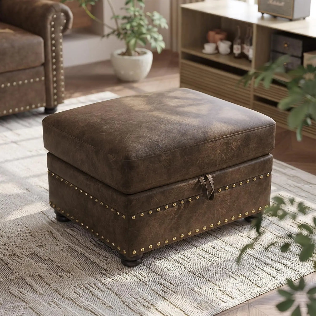 ONBRILL 1-Piece Brown Faux Leather Storage Ottoman, Rectangular Lift-Top Footstool with Nailhead Trim, Hidden Storage Compartment, Solid Wood Legs, 300-Lb Capacity for Living Room Bedroom Entryway