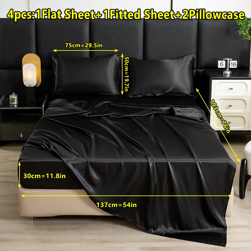【Mother's Day Gift】4-Piece Set of Solid Color Satin Bed Sheet Set (1 Flat Sheet + 1 Fitted Sheet + 2 Pillowcases), Luxurious and Soft, with a Natural Luster, Skin-Friendly and Breathable Bedding