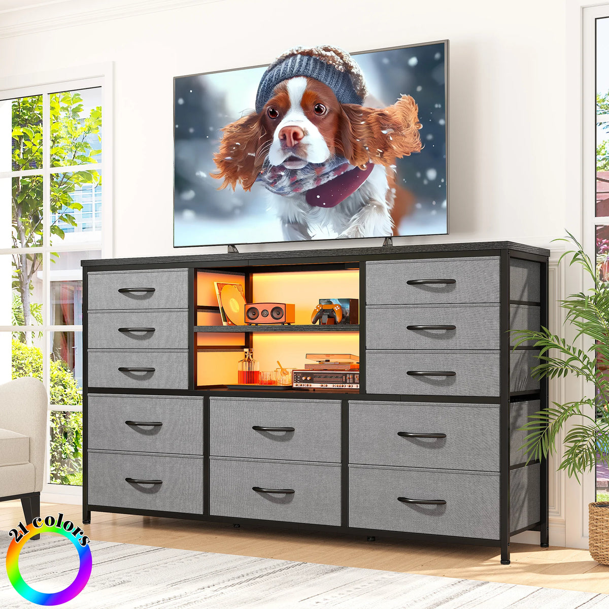 Dresser for Bedroom with LED Lights & Charging Station 12 Drawers TV Stand for 55-60 Inch TVs, Deep Fabric Storage Cabinet with 3 Wooden Shelves for Entertainment Center
