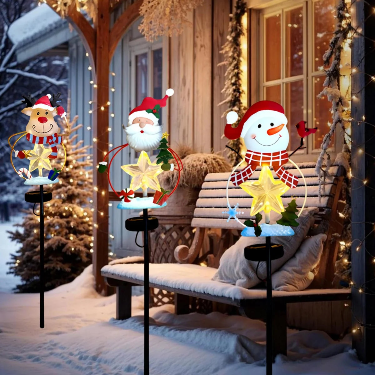Christmas Stake Decor, Outdoor Garden Solar Light Metal Snowman/Santa Claus/Reindeer Yard Stakes with Lights, Outdoor Solar Christmas, Snowman, Deer, and Lawn Decoration Lights, Christmas Lights for Home Lawn Pathway Holiday