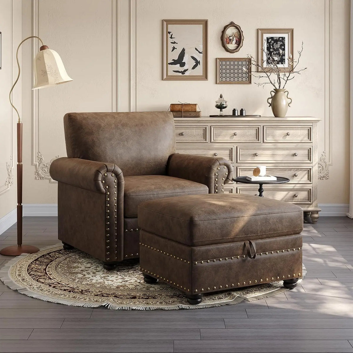 ONBRILL 1-Piece Brown Faux Leather Storage Ottoman, Rectangular Lift-Top Footstool with Nailhead Trim, Hidden Storage Compartment, Solid Wood Legs, 300-Lb Capacity for Living Room Bedroom Entryway