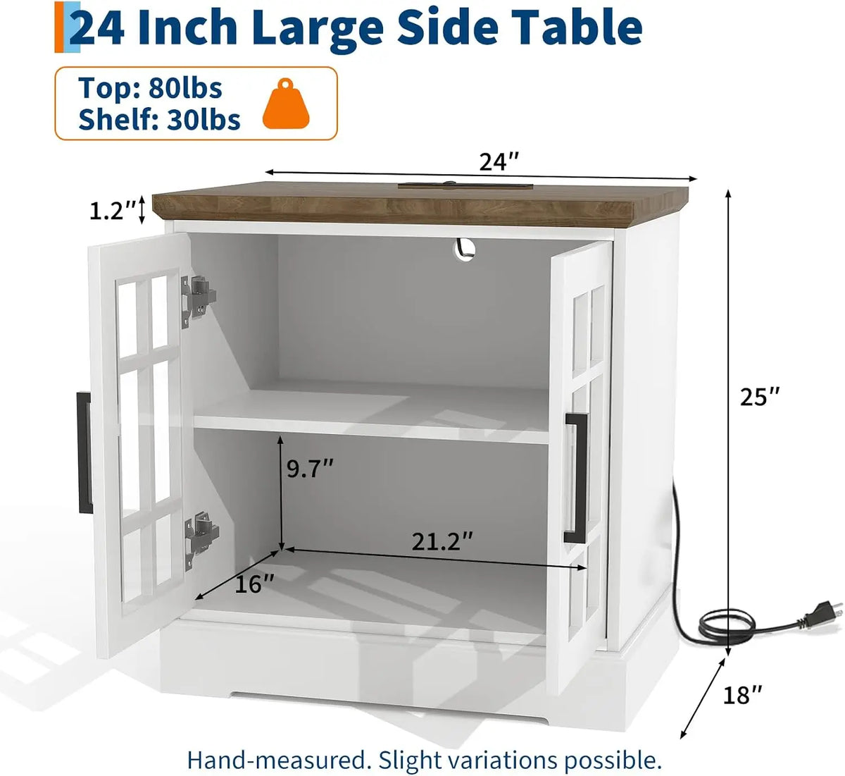Garvee Farmhouse End Table with Charging Station 24Inch Large Sofa Side Table with Grid  Tempered Glass Doors  Nightstand with Adjustable Storage Shelf for Living Room, Bedroom